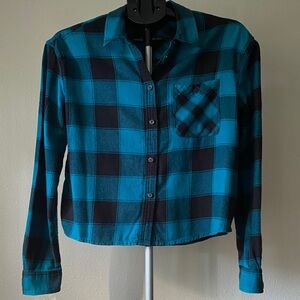 Express Teal and Black Plaid Flannel Cropped Shirt